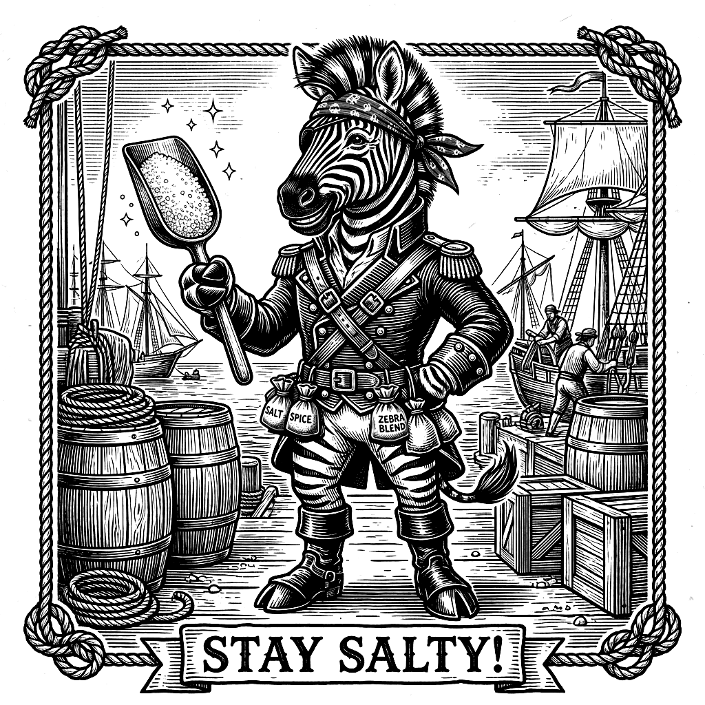 Salty the Zebra — pirate mascot of The Salty Zebra Trading Co.
