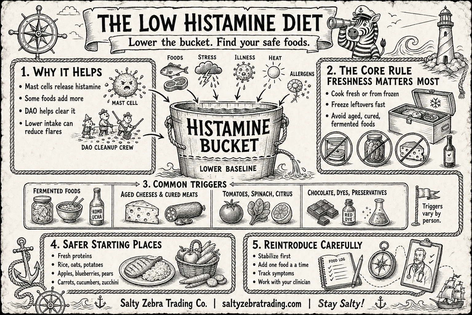 Black and white Salty Zebra infographic explaining the low histamine diet, histamine bucket, freshness rules, common triggers, safer starting foods, and careful reintroduction.
